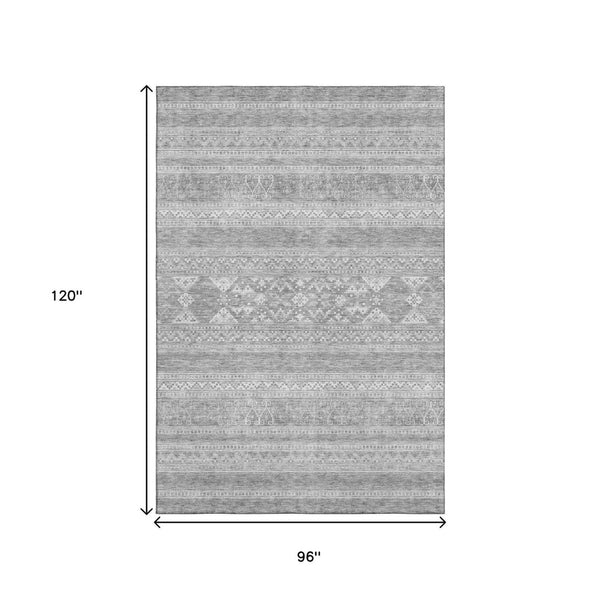 HomeRoots 8' X 10' Southwestern Washable Area Rug in Silver & Gray - Durable, Stain-Resistant, UV-Protected Design 657453