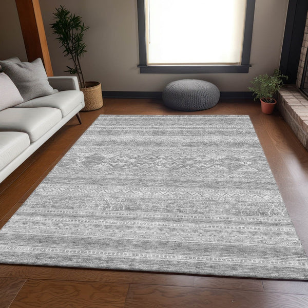 HomeRoots 8' X 10' Southwestern Washable Area Rug in Silver & Gray - Durable, Stain-Resistant, UV-Protected Design 657453