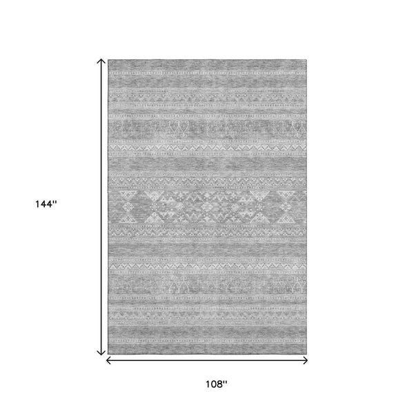 HomeRoots 9' X 12' Southwestern Washable Area Rug - Silver & Gray Design with UV Protection for Homes 657454
