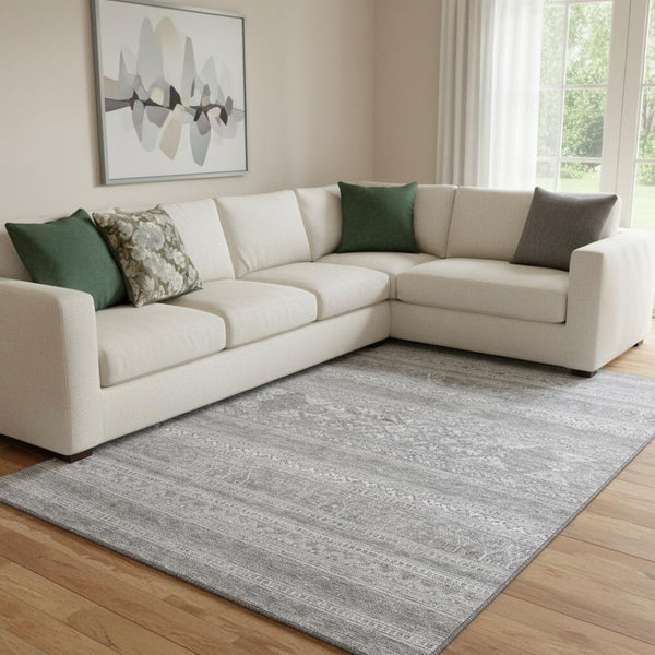HomeRoots 9' X 12' Southwestern Washable Area Rug - Silver & Gray Design with UV Protection for Homes 657454