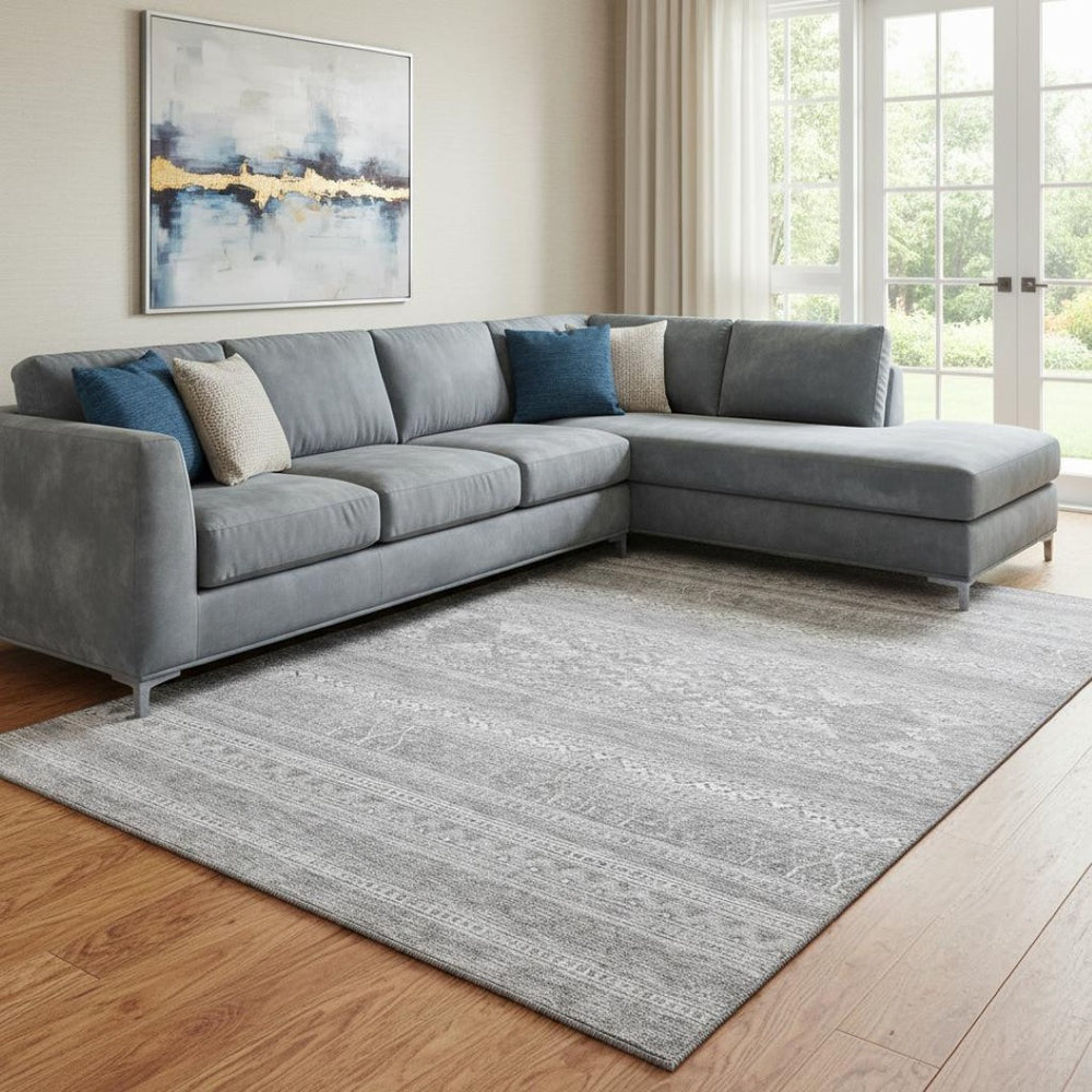 HomeRoots 10' X 14' Silver & Gray Southwestern Washable Area Rug – Durable, UV-Protected & Stain Resistant! 657455