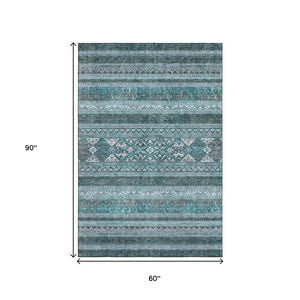 HomeRoots 5' X 8' Teal and Ivory Southwestern Area Rug - Durable, Stain-Resistant, UV Protected for Modern Homes 657457