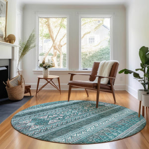 HomeRoots 8' Teal and Ivory Southwestern Round Rug - Washable, Stain Resistant, UV Protected for Busy Homes 657458