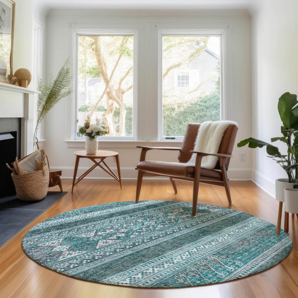 HomeRoots 8' Teal and Ivory Southwestern Round Rug - Washable, Stain Resistant, UV Protected for Busy Homes 657458
