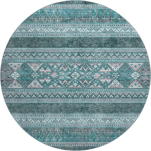 HomeRoots 8' Teal and Ivory Southwestern Round Rug - Washable, Stain Resistant, UV Protected for Busy Homes 657458