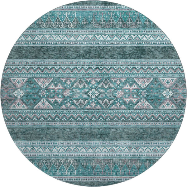 HomeRoots 8' Teal and Ivory Southwestern Round Rug - Washable, Stain Resistant, UV Protected for Busy Homes 657458