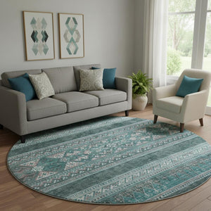 HomeRoots 8' Teal and Ivory Southwestern Round Rug - Washable, Stain Resistant, UV Protected for Busy Homes 657458