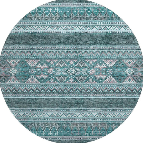 HomeRoots 8' Teal and Ivory Southwestern Round Rug - Washable, Stain Resistant, UV Protected for Busy Homes 657458