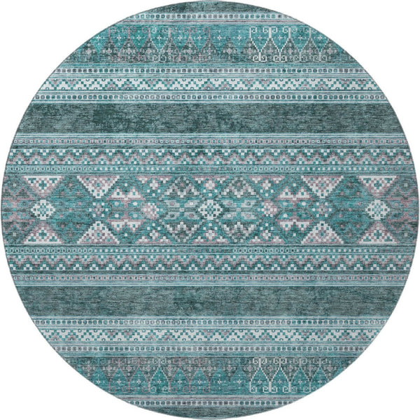 HomeRoots 8' Teal and Ivory Southwestern Round Rug - Washable, Stain Resistant, UV Protected for Busy Homes 657458