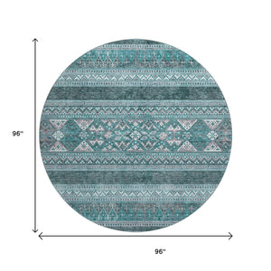 HomeRoots 8' Teal and Ivory Southwestern Round Rug - Washable, Stain Resistant, UV Protected for Busy Homes 657458