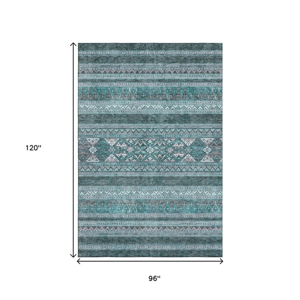 HomeRoots 8' X 10' Teal and Ivory Southwestern Washable Area Rug with Stain Resistance and UV Protection 657459
