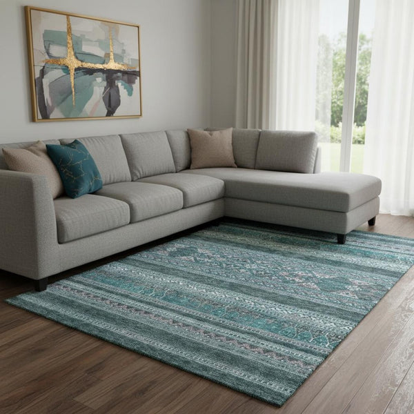 HomeRoots 8' X 10' Teal and Ivory Southwestern Washable Area Rug with Stain Resistance and UV Protection 657459