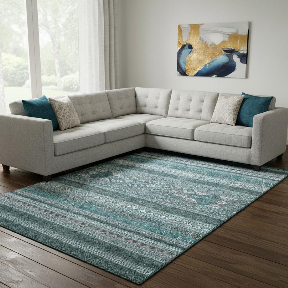 HomeRoots 9' X 12' Teal and Ivory Southwestern Area Rug - Washable, UV-Protected, Stain-Resistant & Stylish! 657460