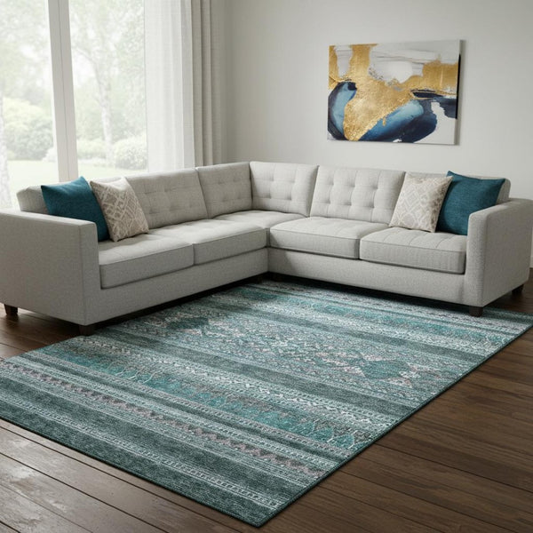 HomeRoots 9' X 12' Teal and Ivory Southwestern Area Rug - Washable, UV-Protected, Stain-Resistant & Stylish! 657460