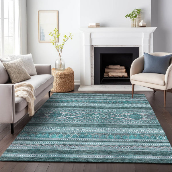 HomeRoots 9' X 12' Teal and Ivory Southwestern Area Rug - Washable, UV-Protected, Stain-Resistant & Stylish! 657460