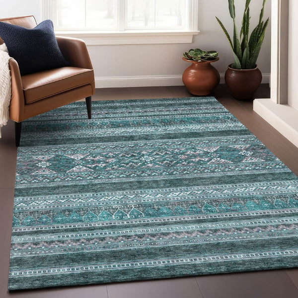 HomeRoots 9' X 12' Teal and Ivory Southwestern Area Rug - Washable, UV-Protected, Stain-Resistant & Stylish! 657460