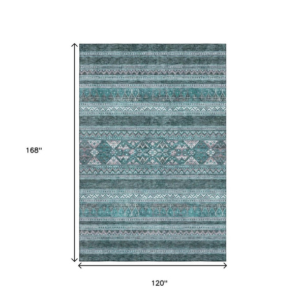 HomeRoots 10' X 14' Teal and Ivory Southwestern Area Rug - Washable, UV-Protected, Ideal for Family Spaces 657461