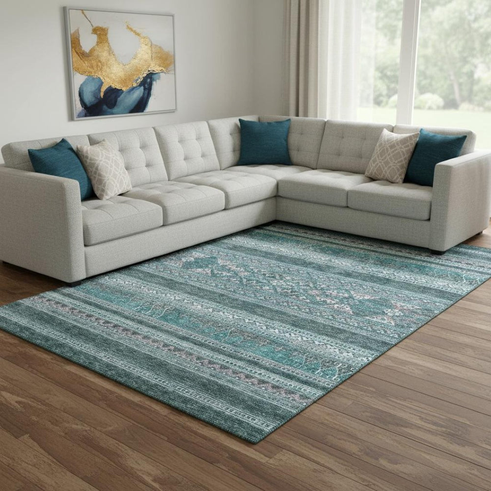 HomeRoots 10' X 14' Teal and Ivory Southwestern Area Rug - Washable, UV-Protected, Ideal for Family Spaces 657461