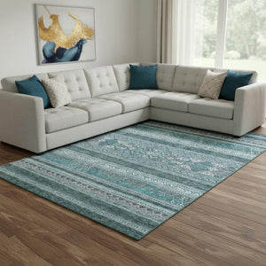HomeRoots 10' X 14' Teal and Ivory Southwestern Area Rug - Washable, UV-Protected, Ideal for Family Spaces 657461