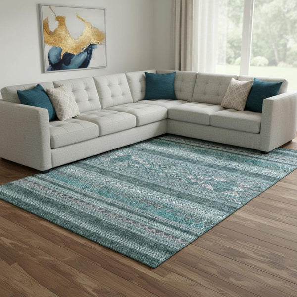 HomeRoots 10' X 14' Teal and Ivory Southwestern Area Rug - Washable, UV-Protected, Ideal for Family Spaces 657461