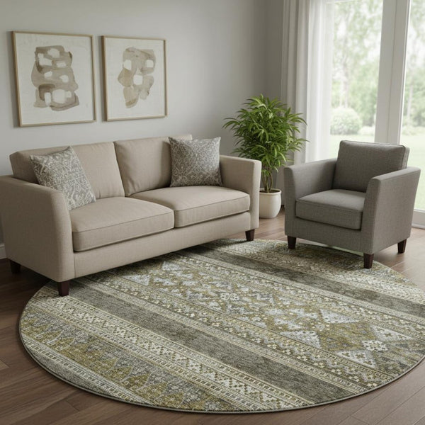 HomeRoots 8' Southwestern Round Rug in Taupe Beige & Ivory - Washable, UV Protected, Durable, Stylish Decor 657464
