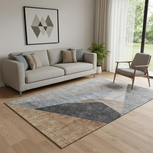 HomeRoots 5' X 8' Stylish Taupe Blue Beige Geometric Washable Area Rug with UV Protection for Easy Care 657469