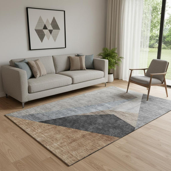 HomeRoots 5' X 8' Stylish Taupe Blue Beige Geometric Washable Area Rug with UV Protection for Easy Care 657469