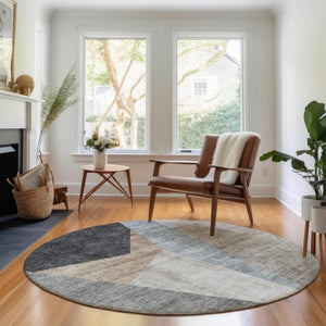 HomeRoots 8' Stylish Taupe Blue & Beige Geometric Washable Round Rug - UV Protected, Durable & Easy Care! 657470