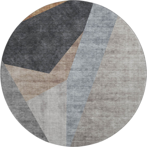 HomeRoots 8' Stylish Taupe Blue & Beige Geometric Washable Round Rug - UV Protected, Durable & Easy Care! 657470