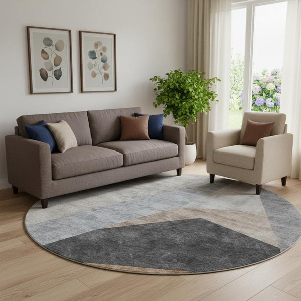 HomeRoots 8' Stylish Taupe Blue & Beige Geometric Washable Round Rug - UV Protected, Durable & Easy Care! 657470