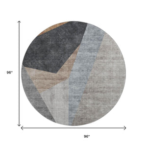 HomeRoots 8' Stylish Taupe Blue & Beige Geometric Washable Round Rug - UV Protected, Durable & Easy Care! 657470