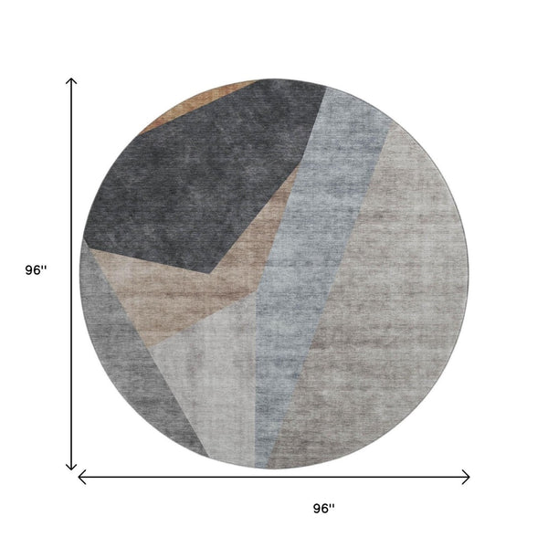 HomeRoots 8' Stylish Taupe Blue & Beige Geometric Washable Round Rug - UV Protected, Durable & Easy Care! 657470