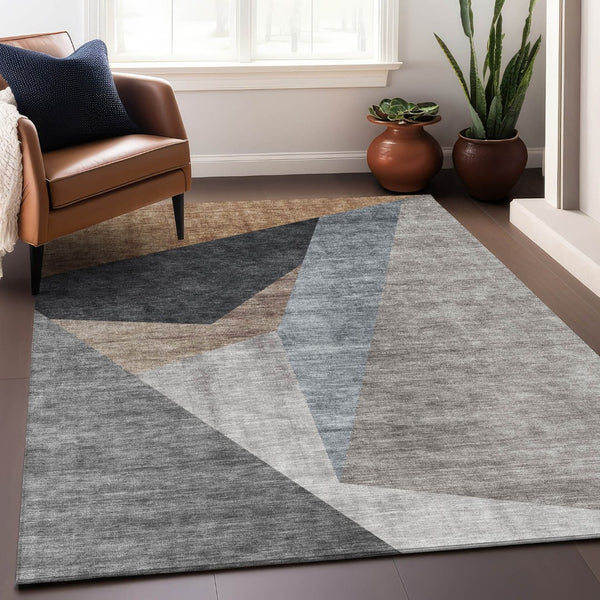 HomeRoots 8' X 10' Stylish Taupe Blue Beige Geometric Area Rug – Washable, Stain-Resistant, UV Protected! 657471
