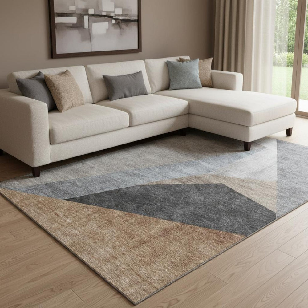 HomeRoots 8' X 10' Stylish Taupe Blue Beige Geometric Area Rug – Washable, Stain-Resistant, UV Protected! 657471