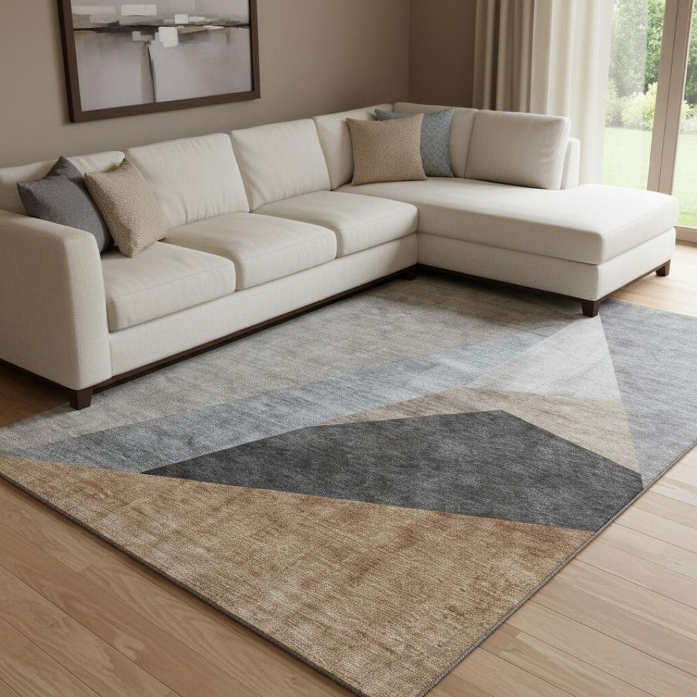 HomeRoots 9' X 12' Washable Taupe, Blue & Beige Geometric Area Rug with UV Protection for High-Traffic Spaces 657472