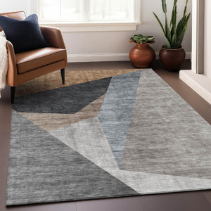 HomeRoots 10' Taupe Blue Beige Geometric Washable Area Rug - UV Protected, Stain Resistant for High Traffic Areas 657473