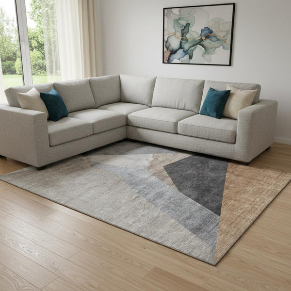 HomeRoots 10' Taupe Blue Beige Geometric Washable Area Rug - UV Protected, Stain Resistant for High Traffic Areas 657473