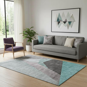 HomeRoots 5' X 8' Teal Gray & Ivory Geometric Area Rug - Washable, UV Protected, Durable & Stylish Accent Piece 657487