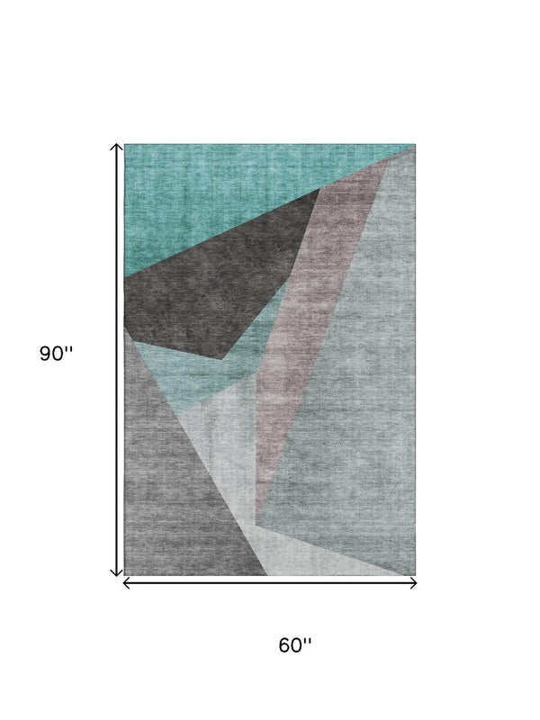HomeRoots 5' X 8' Teal Gray & Ivory Geometric Area Rug - Washable, UV Protected, Durable & Stylish Accent Piece 657487