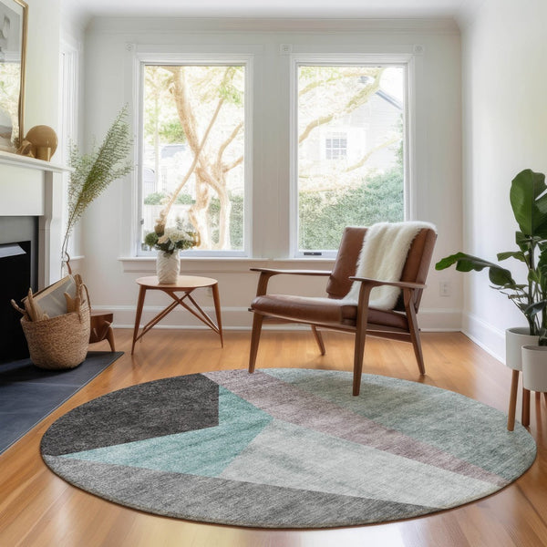 HomeRoots 8' Teal Gray and Ivory Geometric Round Rug - Washable, UV Protected, Stylish & Durable Design for Homes 657488