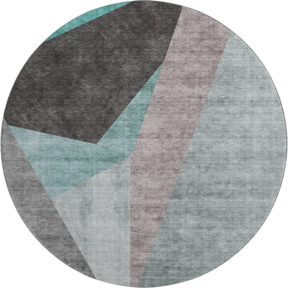 HomeRoots 8' Teal Gray and Ivory Geometric Round Rug - Washable, UV Protected, Stylish & Durable Design for Homes 657488