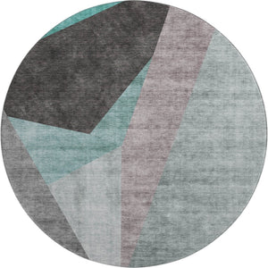 HomeRoots 8' Teal Gray and Ivory Geometric Round Rug - Washable, UV Protected, Stylish & Durable Design for Homes 657488