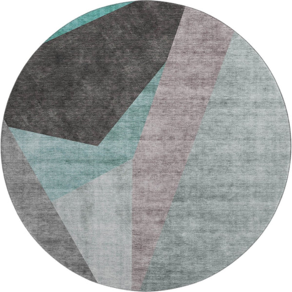 HomeRoots 8' Teal Gray and Ivory Geometric Round Rug - Washable, UV Protected, Stylish & Durable Design for Homes 657488