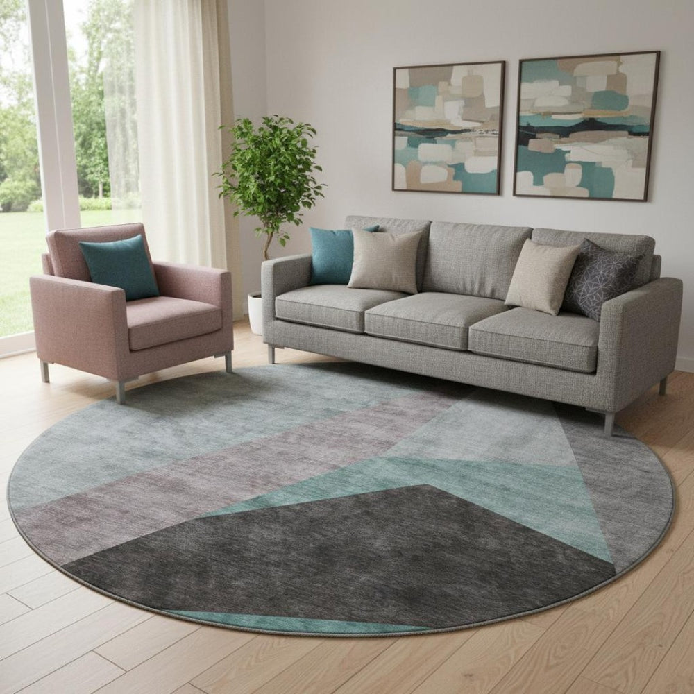 HomeRoots 8' Teal Gray and Ivory Geometric Round Rug - Washable, UV Protected, Stylish & Durable Design for Homes 657488