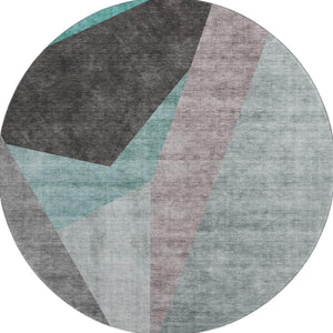 HomeRoots 8' Teal Gray and Ivory Geometric Round Rug - Washable, UV Protected, Stylish & Durable Design for Homes 657488