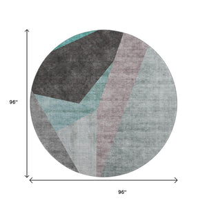 HomeRoots 8' Teal Gray and Ivory Geometric Round Rug - Washable, UV Protected, Stylish & Durable Design for Homes 657488
