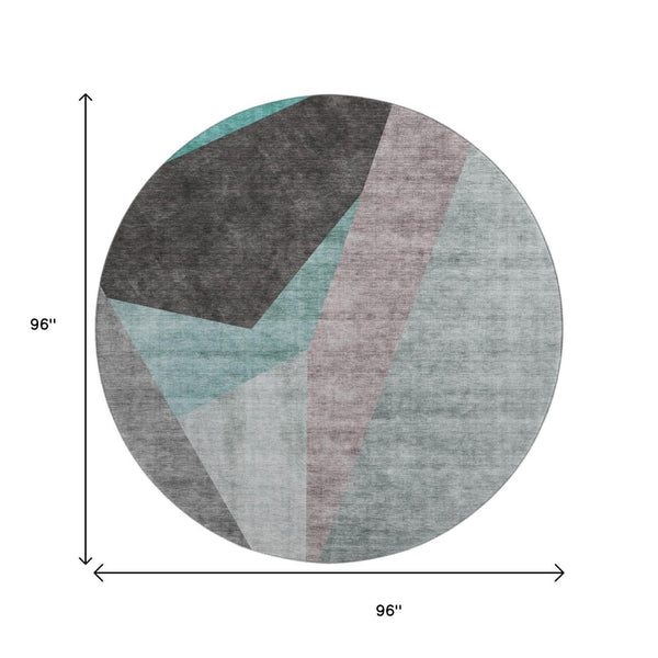HomeRoots 8' Teal Gray and Ivory Geometric Round Rug - Washable, UV Protected, Stylish & Durable Design for Homes 657488