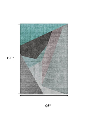 HomeRoots 8' X 10' Stylish Teal Gray Ivory Geometric Area Rug - Washable, Durable, UV Protected for High Traffic 657489