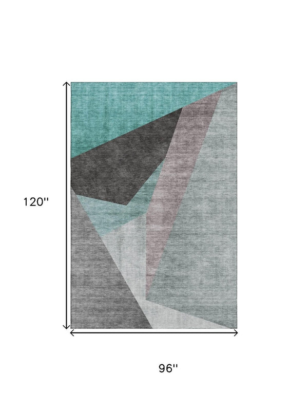 HomeRoots 8' X 10' Stylish Teal Gray Ivory Geometric Area Rug - Washable, Durable, UV Protected for High Traffic 657489