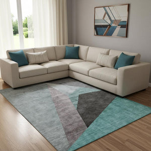 HomeRoots 8' X 10' Stylish Teal Gray Ivory Geometric Area Rug - Washable, Durable, UV Protected for High Traffic 657489